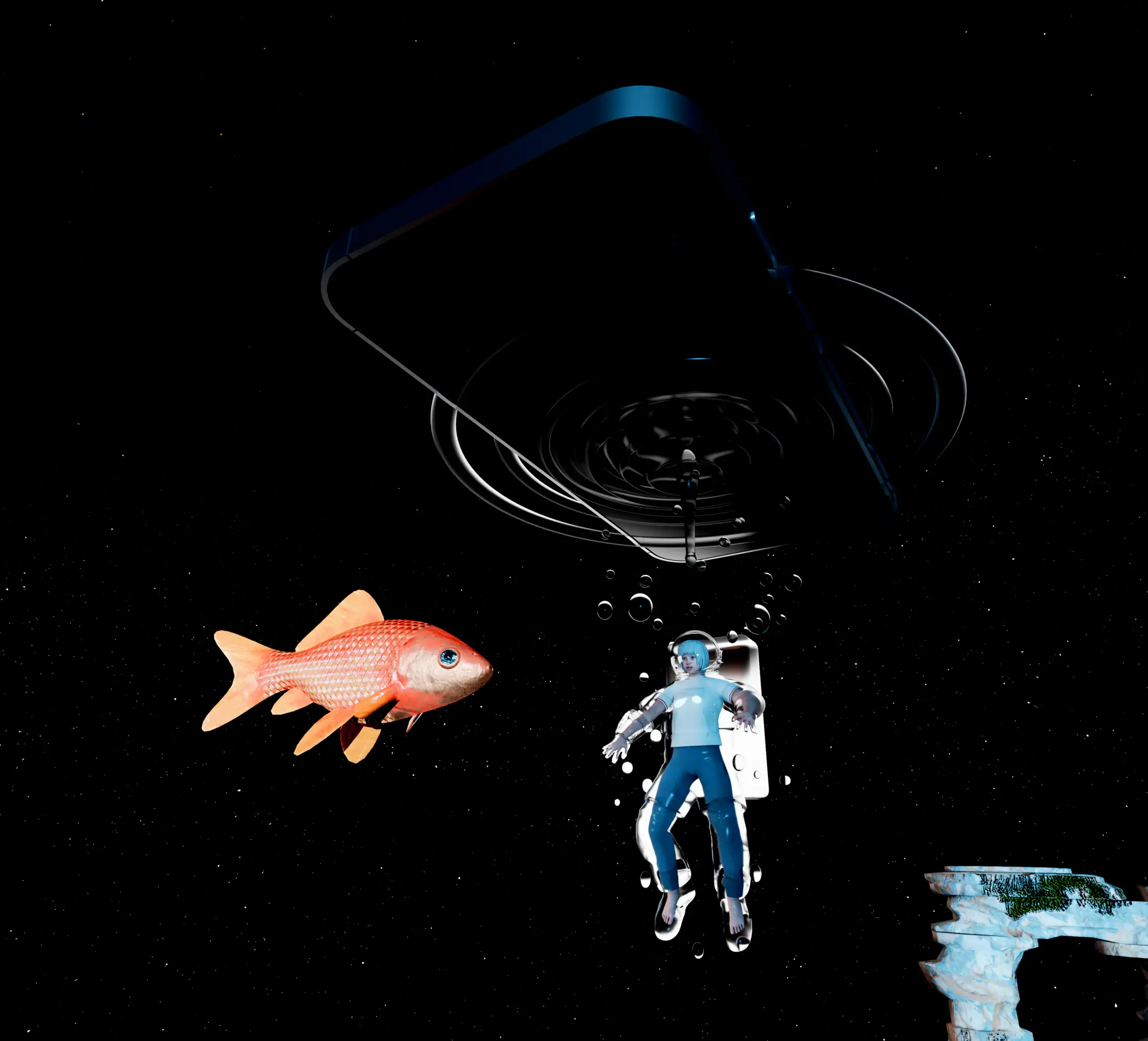 スマートフォンから泳ぎ出す金魚ARの演出イメージ