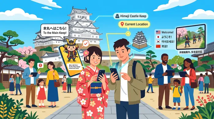 観光地の施設案内でARを活用する利用シーンのイメージイラスト